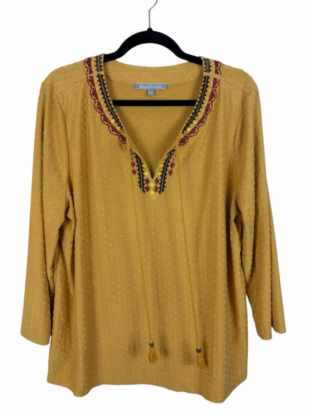 Daniel Rainn Mustard Boho Blouse XL Embroidered Tassel Swiss Dot